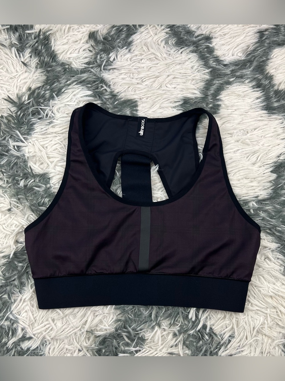 Ultracor Women’s Dark Plum  Black Sports Bra Tartan Pattern Size Large